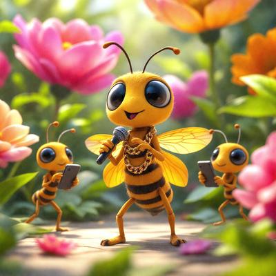 The primary subject of the image is a cartoon bee with a microphone, standing in a flower garden. The setting is a vibrant and colorful environment, with a variety of flowers surrounding the bee. The visual style is a digital art or illustration, creating a whimsical and playful atmosphere. The colors and mood are predominantly bright and cheerful, with the flowers adding a touch of natural beauty to the scene.